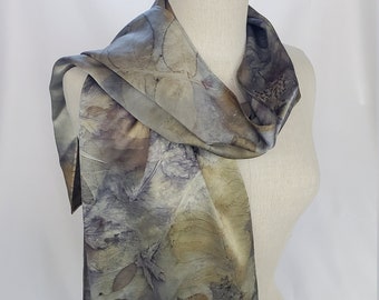Natural Eco Printed Charmeuse Silk Scarf, Earth-toned Botanical Prints, Perfect Gift for Nature Lover