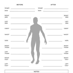 Könnte beinhalten: Ein schwarz-weißes Messprotokoll mit dem Titel oben. Das Blatt enthält Abschnitte für Gewicht, Datum und Körpermaße wie Arm, Taille und Oberschenkel. Eine graue Silhouette einer Person befindet sich in der Mitte.