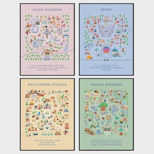 May include: A set of four rectangular posters featuring stylized maps of theme parks. The prints are titled Magic Kingdom, Epcot, Hollywood Studios, and Animal Kingdom, each displaying colorful icons of attractions, pathways, and park-specific text.
