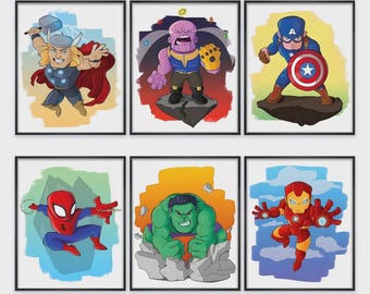 Conjunto de pósteres de superhéroes / Láminas de arte mural de cómics / Decoración para habitación infantil / Arte de superhéroes para sala de juegos / Arte mural para guardería, 20 x 25 cm, sin marco, conjunto vibrante