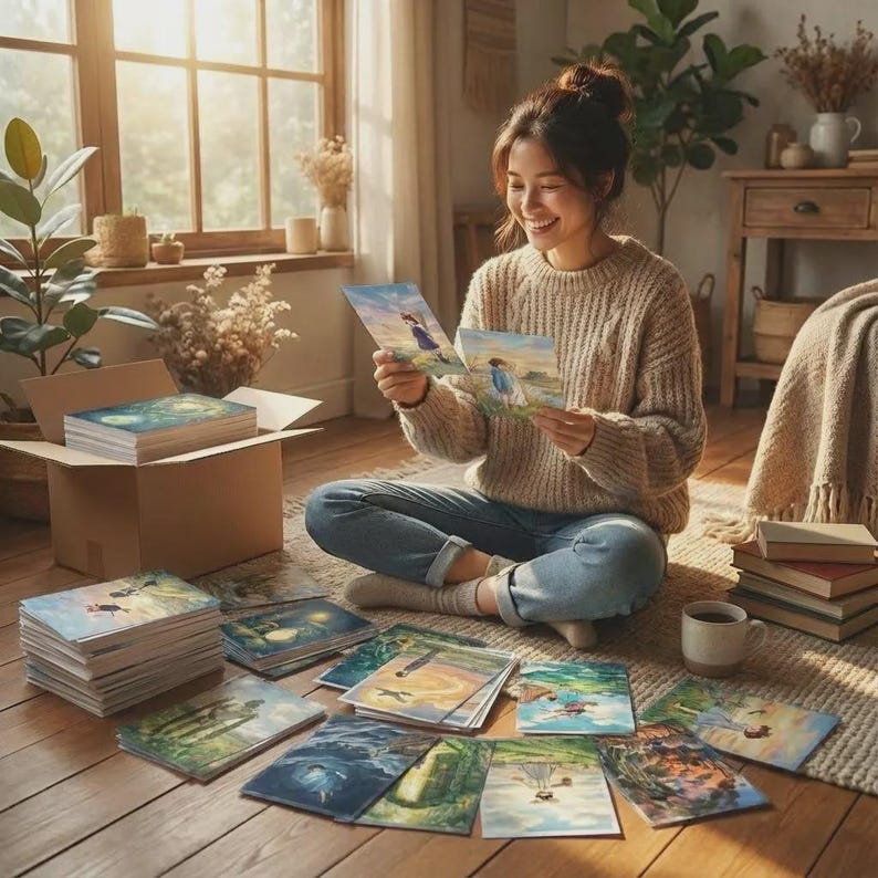 Puede incluir: Una mujer sentada en una alfombra examina impresiones art&iacute;sticas. Sostiene dos impresiones, sonriendo. Una caja de cart&oacute;n y pilas de impresiones est&aacute;n cerca. Las impresiones presentan ilustraciones coloridas de paisajes y figuras. Tambi&eacute;n se ven una taza y libros.