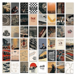 May include: A collection of fifty-four rectangular wall art prints featuring Formula One racing themes, including photographs of race cars, drivers, track layouts, vintage posters, and motivational text graphics in various colors and styles.