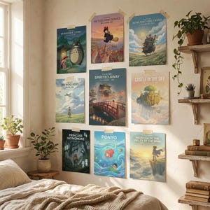 May include: A collection of nine rectangular Studio Ghibli movie posters arranged on a wall, featuring My Neighbor Totoro, Kiki's Delivery Service, Howl's Moving Castle, The Wind Rises, Spirited Away, Castle in the Sky, Princess Mononoke, Ponyo, and Nausica&auml;.