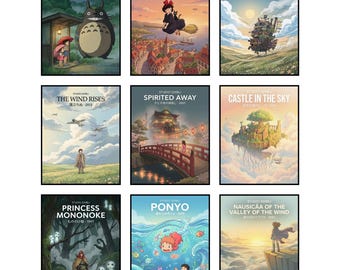 Pósteres de Studio Ghibli de 20 x 25 cm – Láminas de anime sin marco – Colección de escenas de películas de Hayao Miyazaki – Decoración estética – Juego de 9