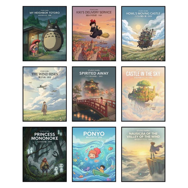 Studio Ghibli Poster Set 8x10 Inches – Unframed Anime Wall Art Prints – Hayao Miyazaki Film Scenes Collection – Aesthetic Decor – Set of 9