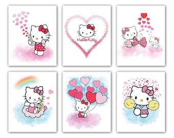 Hello Kitty Poster Set 8x10 Inches – Unframed Cute Kawaii Cartoon Wall Art – Kids room Nursery Wall Decor for Girls Bedroom – Set of 6