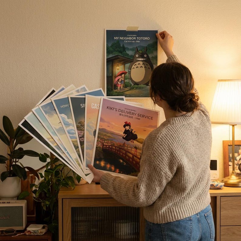 May include: A collection of rectangular posters featuring animated film scenes, including My Neighbor Totoro and Kiki's Delivery Service. The posters display colorful illustrations of characters and landscapes, with printed titles and release years visible.