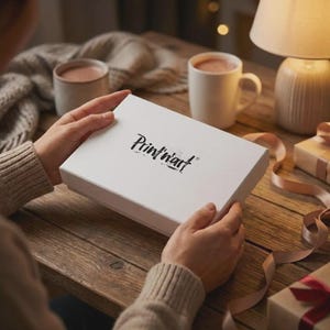 Puede incluir: Una caja rectangular blanca con el texto "Print'n'art" en escritura negra es sostenida por una persona. La caja est&aacute; sobre una mesa de madera con una taza de chocolate caliente, una l&aacute;mpara y regalos envueltos. La escena tiene un ambiente c&aacute;lido.