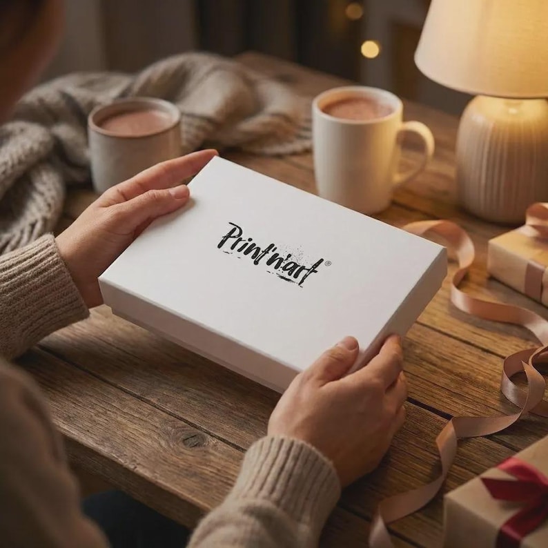Puede incluir: Una caja rectangular blanca con el texto "Print'n'art" en escritura negra es sostenida por una persona. La caja est&aacute; sobre una mesa de madera con una taza de chocolate caliente, una l&aacute;mpara y regalos envueltos. La escena tiene un ambiente c&aacute;lido.