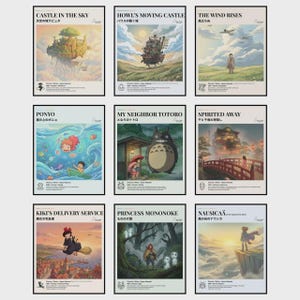 May include: Nine framed movie posters featuring animated films, including "Castle in the Sky," "Howl's Moving Castle," and "My Neighbor Totoro." Each poster has a unique illustration and Japanese text. The posters are displayed against a light gray background.