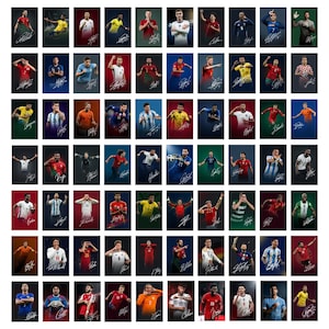 May include: A collection of rectangular posters featuring soccer players in various poses. Each poster has a dark background and includes a player's image and signature. The players are wearing different team uniforms.