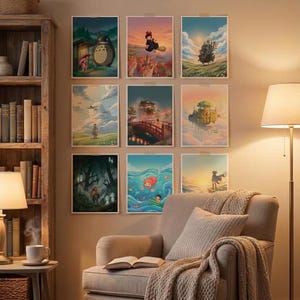 May include: A gallery wall featuring nine rectangular art prints arranged in a three-by-three grid. The prints display various animated scenes, including a large forest creature, a flying character, a castle, a bridge, and a sea scene with a fish.