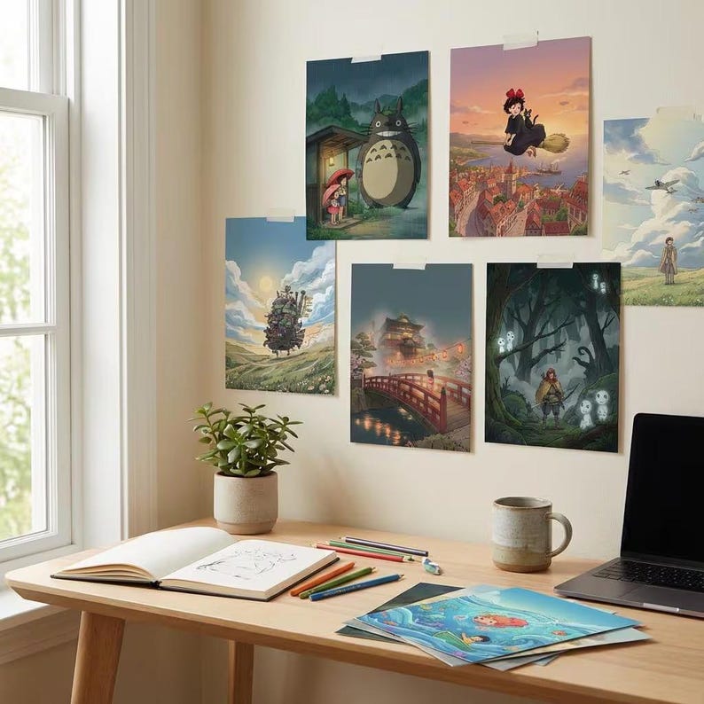 May include: A collection of six rectangular art prints featuring animated scenes from Studio Ghibli films, including Totoro, Kiki, Howl's Moving Castle, and Spirited Away, displayed on a light-colored wall above a wooden desk with a laptop and notebook.