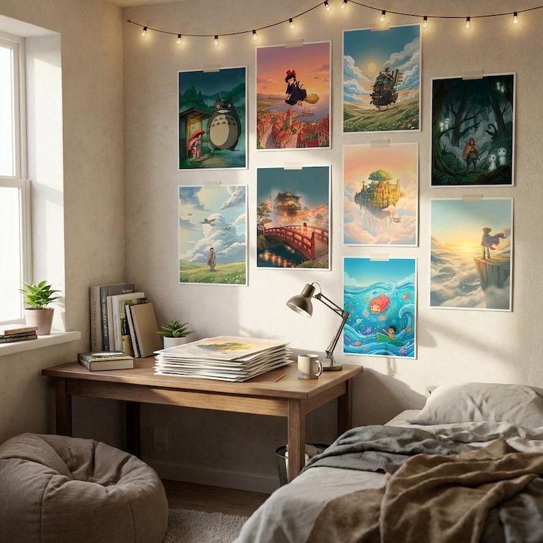 May include: A collection of nine rectangular art prints featuring animated scenes displayed on a wall above a wooden desk. The prints depict various landscapes, characters, and fantasy settings in vibrant colors, arranged in a grid-like pattern.