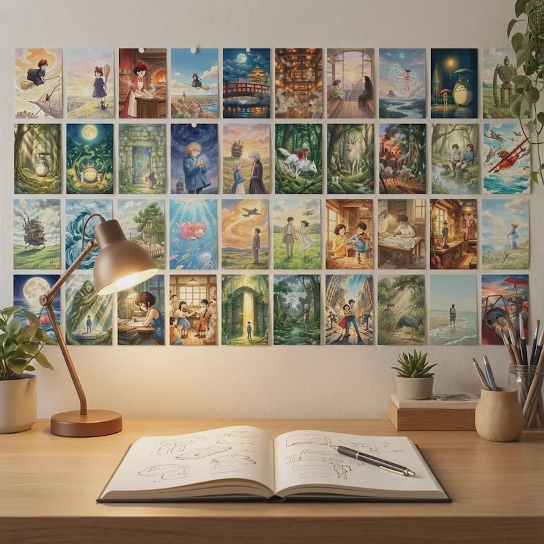 Puede incluir: Una colecci&oacute;n de impresiones art&iacute;sticas enmarcadas con ilustraciones coloridas de escenas de pel&iacute;culas de animaci&oacute;n. Las impresiones est&aacute;n dispuestas en una pared blanca sobre un escritorio de madera con una l&aacute;mpara, un cuaderno de bocetos abierto y l&aacute;pices.