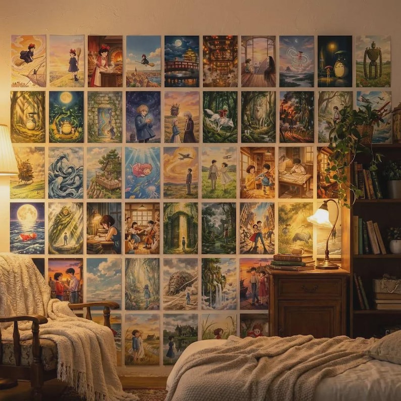 Puede incluir: Una colecci&oacute;n de impresiones art&iacute;sticas enmarcadas que presentan ilustraciones coloridas de escenas de pel&iacute;culas animadas. Las impresiones est&aacute;n dispuestas en una pared en un patr&oacute;n de cuadr&iacute;cula, creando una exhibici&oacute;n tipo galer&iacute;a. La obra de arte incluye varios personajes y paisajes.