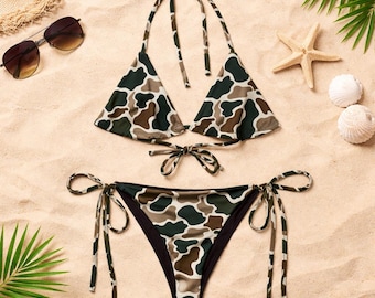 Camo Bikini Set Women, Hunting Camouflage Swimsuit, Triangle String Bikini, Adjustable Tie Side Swimwear, Summer Beach Pool Outfit Gift