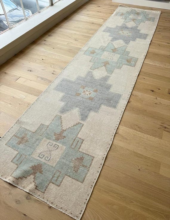 Ivory Hand Knotted Runner | Handmade Geometric Carpet, Custom Size Vintage Hallway Rug with Soft Blue Motifs for Entryway & Bedroom