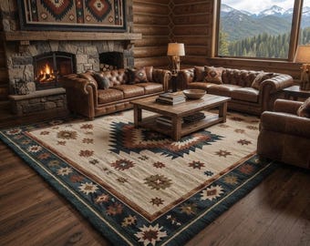 Hand Tufted Cream Tribal Rug, Rustic Southwestern Carpet, Geometric Medallion Pattern, Custom Size for Living Room Cabin Bedroom