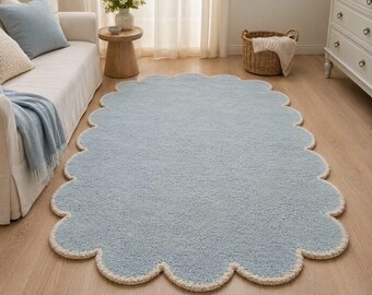 Hand Tufted Powder Blue Rug, Scalloped Wool Carpet, Soft Round Floor Décor, Handmade Cozy Bedroom Accent, Custom Size