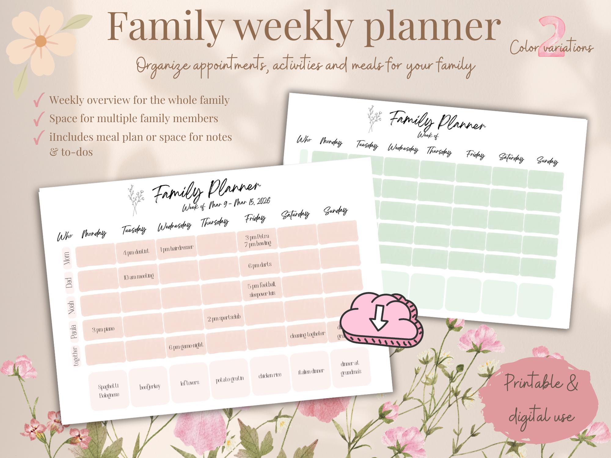 Family Weekly Planner Printable PDF | Weekly Family Schedule | Family ...