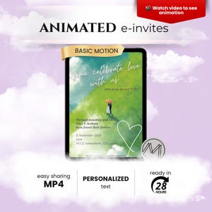 May include: Animated e-invite with the text "Come celebrate love with us". The invitation features a couple under an umbrella, a heart, and the date November 11, 2026. The invite is ready in 28 hours and easy to share.