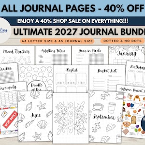 Peut inclure: Une collection numérique de pages de journal imprimables intitulée Ultimate 2027 Journal Bundle, comprenant divers modèles comme des suivis d'humeur, de fitness, des listes de souhaits et des calendriers mensuels avec des illustrations en noir et blanc.