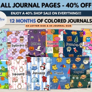 May include: A collection of twelve monthly journal covers featuring seasonal illustrations. Designs include butterflies for May, coffee and croissants for September, pumpkins for October, winter themes for December and January, frogs for April, and beach motifs for June.