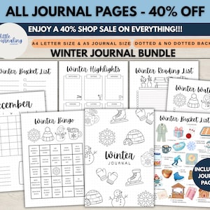 May include: A winter journal bundle featuring 18 printable pages with black and white line art, including a December calendar, winter bucket lists, reading lists, watch lists, and bingo games with illustrations of snowmen, mittens, and skates.