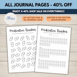 Könnte beinhalten: Zwei weiße Seiten eines Medikamenten-Tracker-Journals mit schwarzem Text und Pillenillustrationen. Die Seiten enthalten den Text "Medication Tracker" und "Nehmen Sie Ihre Medikamente jeden Tag des Monats ein!" Das obere Banner lautet "ALLE JOURNALSEITEN - 40 % RABATT".