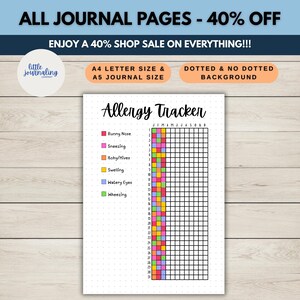 May include: An allergy tracker journal page with the title "Allergy Tracker". The page includes a grid for tracking symptoms like runny nose, sneezing, and watery eyes. The journal is available in A4 and A5 sizes.