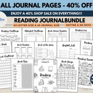 Op de afbeelding: Een leesjournaalbundel met diverse printbare pagina's, waaronder een leesuitdaging, alfabetuitdaging, boekenreeks-tracker, leeslogboek, boeken om te lezen, boek-tracker, boek van het jaar, bucketlist, leestracker, 100-boeken-uitdaging, boek-tris en boek-bingo.