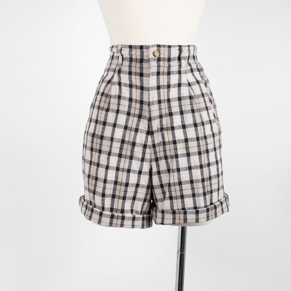Vintage High Waist Linen Cotton Shorts Plaid Pleated