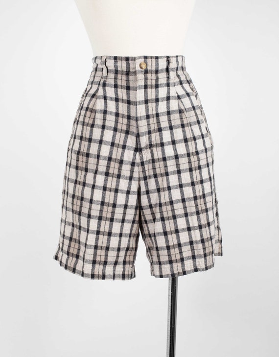 Vintage High Waist Linen Cotton Shorts Plaid Plea… - image 2