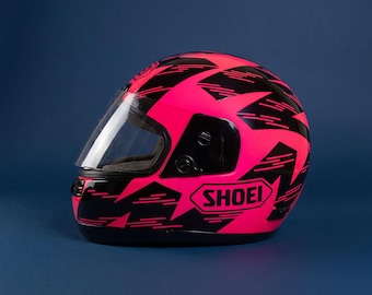 90s Vintage Shoei RF-200 Helmet - Neon Pink & Black Lightning Graphic - Retro Motorsports Collectible - SNELL M85 SMALL