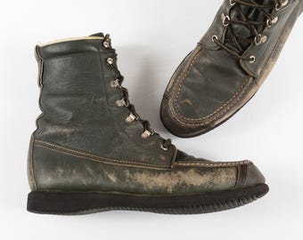 Vintage 60s 70s Cabela's Moc Toe Boots | Green Distressed Leather Upland Hunting Boots | Men's Size 10 D | Vibram Wedge Sole Workwear Patina