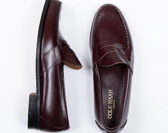 Vintage 80's 90's Deadstock Cole Haan Penny Loafers Made in USA Men's 11.5D Burgundy Cordovan Leather Ivy Prep Moc Toe Dress Shoes