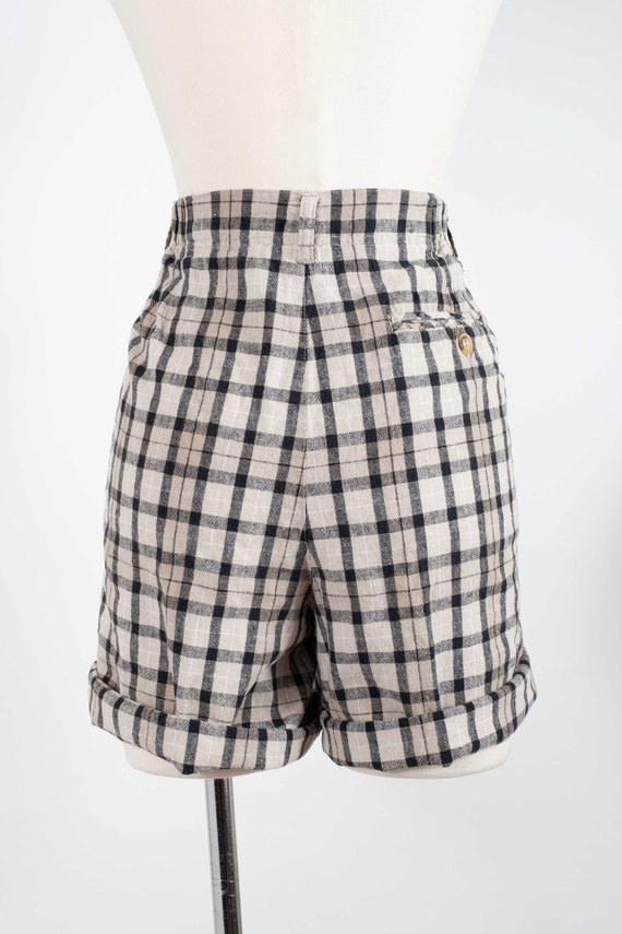 Vintage High Waist Linen Cotton Shorts Plaid Plea… - image 6