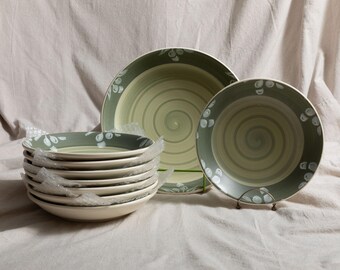 ヴィンテージ ヴィラ・ロマーナ イタリア グリーンオリーブ セット 手描き イタリア製セラミック パスタボウル＆大型サービングボウル 地中海風装飾 9点セット