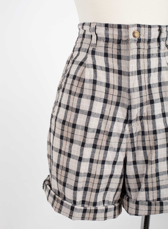 Vintage High Waist Linen Cotton Shorts Plaid Plea… - image 3