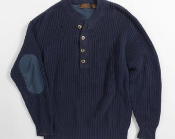 Vintage Eddie Bauer Black Tag fisherman Henley Sweater | 80s 90s Navy Blue Ribbed Knit Cotton | Elbow Patch Pullover | Men's Size M
