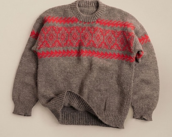 Vintage Thick Wool Sweater | 70s 80s Nordic Fair Isle Ski Jumper | Heathered Brown & Red Chunky Knit | Gorpcore Cabin Woodsman Aesthetic
