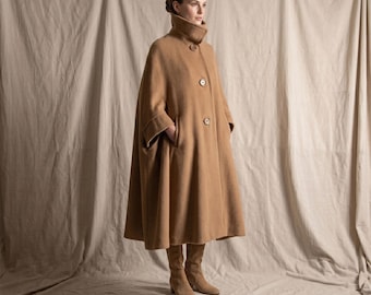 Vintage 60s Wool Cape Coat | Dramatic Swing Collar Button Front | Mod | Tan Camel