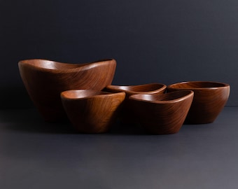 Vintage 60s Kalmar Teak Salad Bowl Set 5 Piece Mid Century Modern Sculpted Wood Bowls MCM Danish Teakwood Serving Set