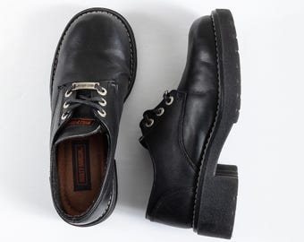 Vintage 90s Harley Davidson Chunky Leather Oxfords / Y2K Biker Core Black Platform Shoes Grunge Cyber Industrial Women's Size 7.5