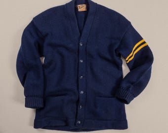 Vintage 50s 60s Princeton Letterman Cardigan Sweater, Heavyweight Navy Blue Wool Knit, Ivy League Varsity Award Jacket Medium Tall / Large