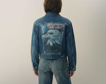 Vintage 90s Lee Riders Denim Trucker Jean Jacket Bald Eagle XS