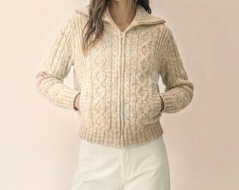 Vintage 70s Montgomery Ward Chunky Cable Knit Cardigan | Cream Marled Zip Up Sweater Size Small