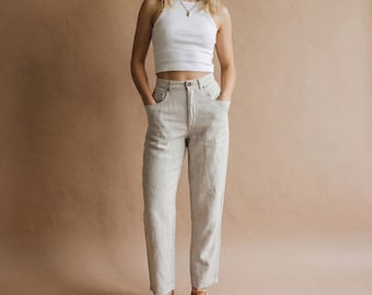Vintage 90s 100% Linen Pants | Jones New York Sport High Waisted Tapered Trousers | Oatmeal Beige Minimalist Coastal Grandma | Size 8