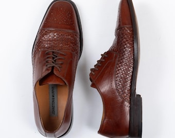 Vintage Johnston & Murphy Woven Leather Oxfords Brown Cap Toe Dress Shoes Men's Size 9M 1990s Basketweave Leather